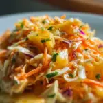 Bowl of No-Mayo Hawaiian Pineapple Coleslaw with fresh ingredients
