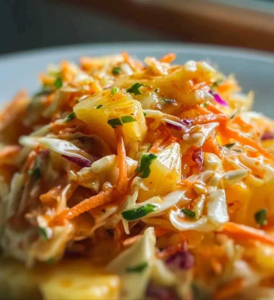 Bowl of No-Mayo Hawaiian Pineapple Coleslaw with fresh ingredients
