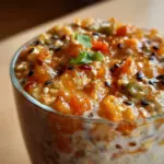 Bowl of nourishing Indian overnight oats topped with fruits and nuts