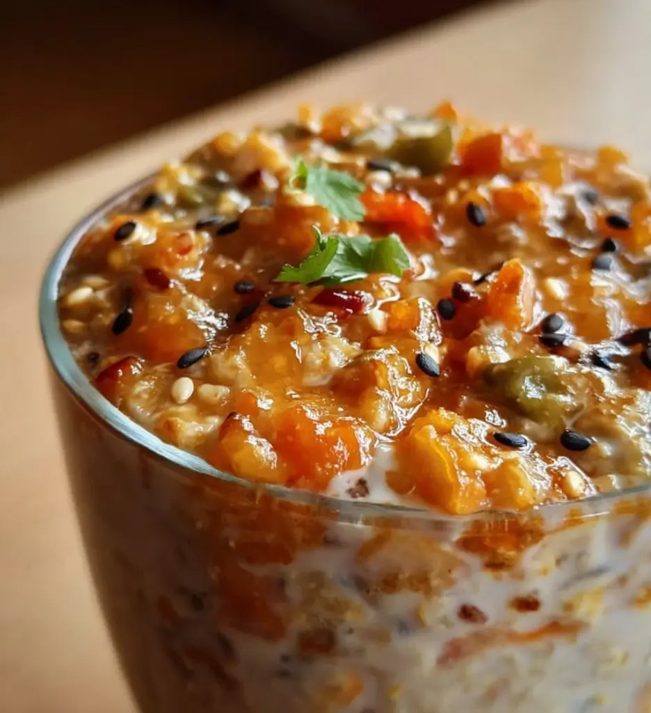 Bowl of nourishing Indian overnight oats topped with fruits and nuts