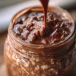 Nutella-inspired overnight oats topped with chocolate and hazelnuts in a jar