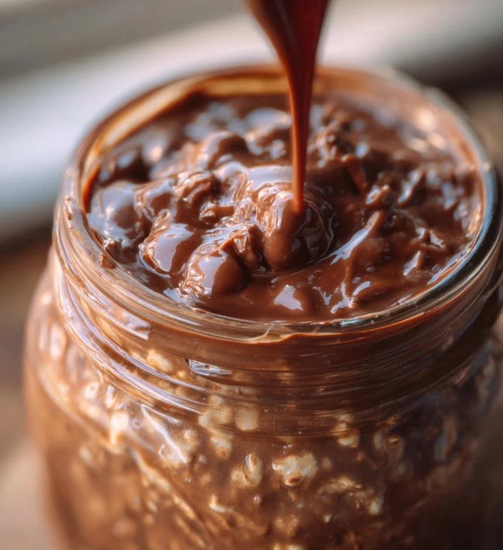 Nutella-inspired overnight oats topped with chocolate and hazelnuts in a jar