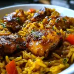 One-Pan Caribbean Chicken and Rice ready to serve on a plate