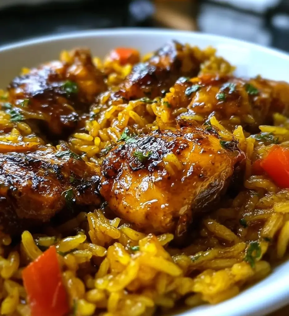 One-Pan Caribbean Chicken and Rice ready to serve on a plate