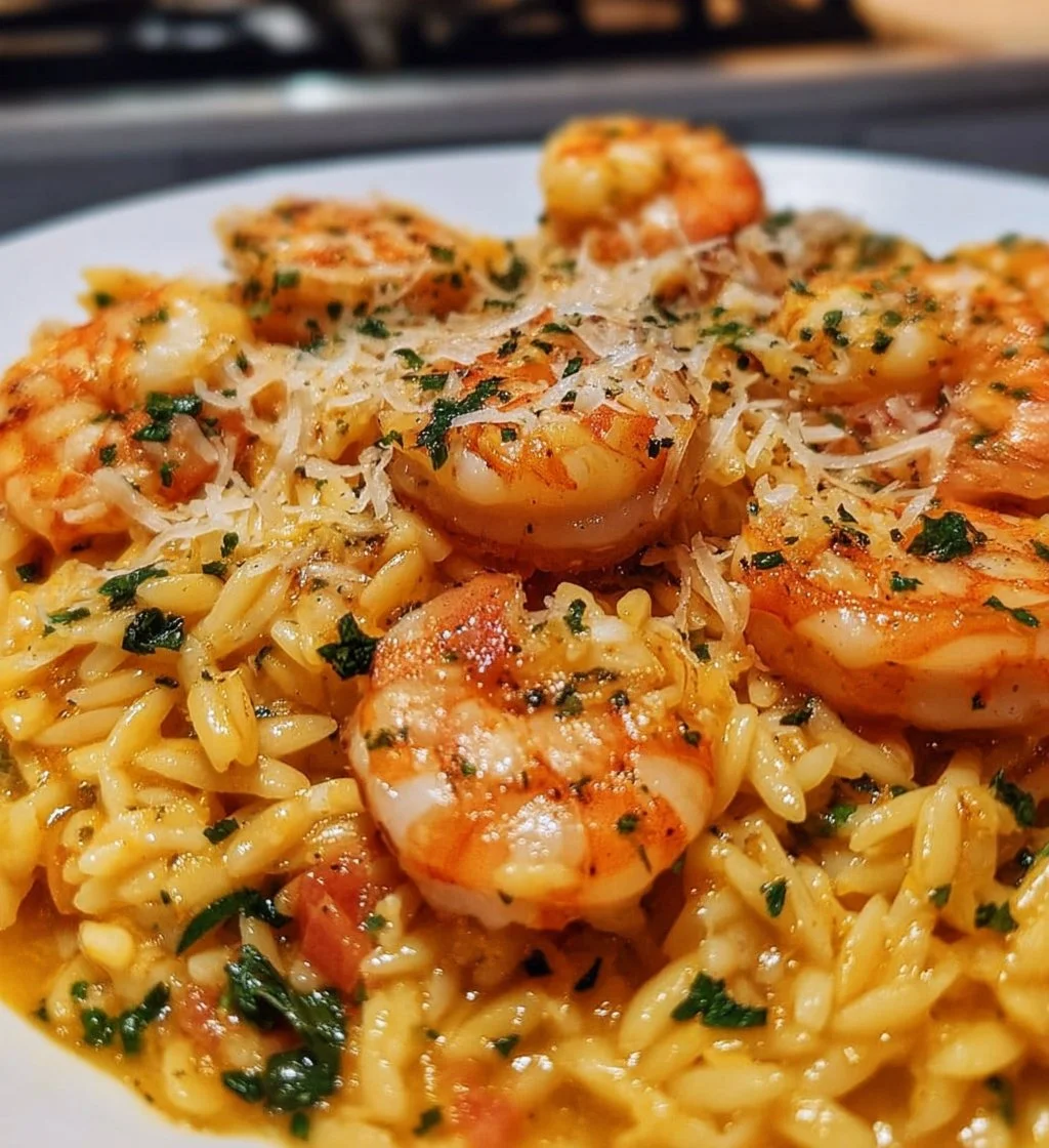 One Pan Parmesan Orzo with Shrimp dish, creamy and flavorful seafood meal