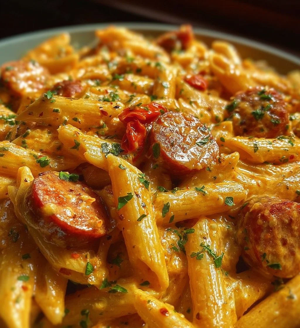 One-pot creamy spicy Cajun sausage pasta in a bowl