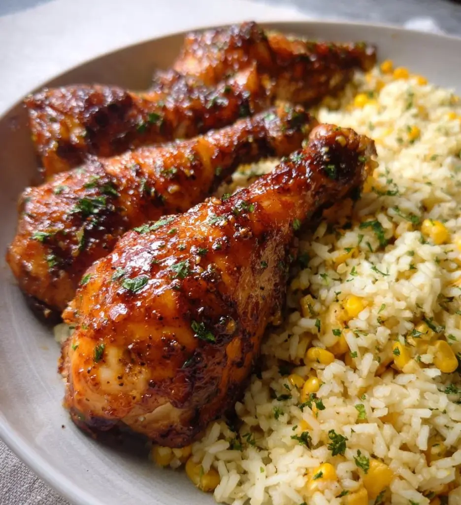 Oven baked chicken drumsticks served with fluffy buttery rice and corn