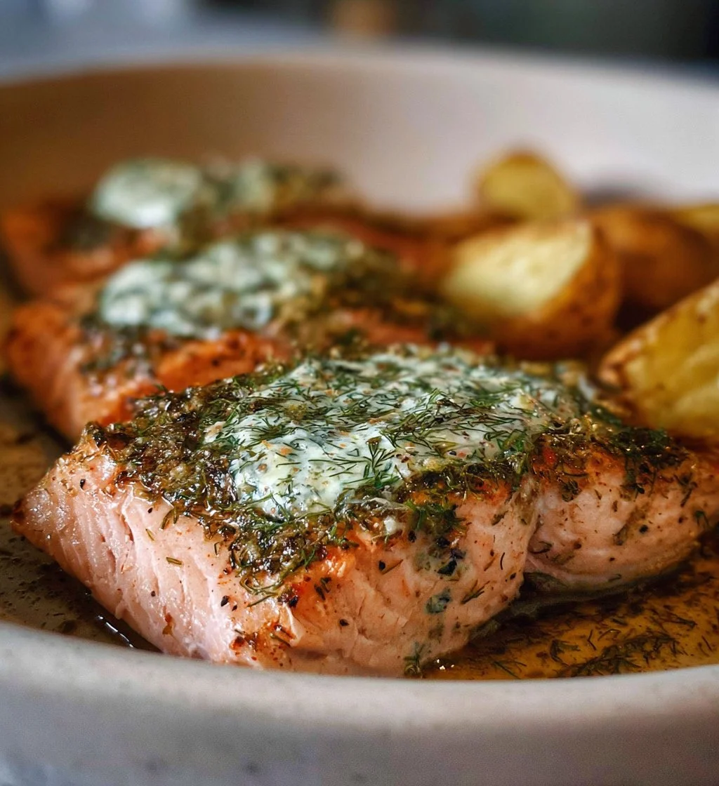 Oven-baked salmon fillet with dill sauce on a plate garnished with herbs.
