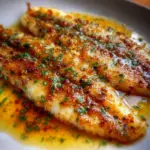 Plate of pan-seared flounder drizzled with brown butter and lemon.