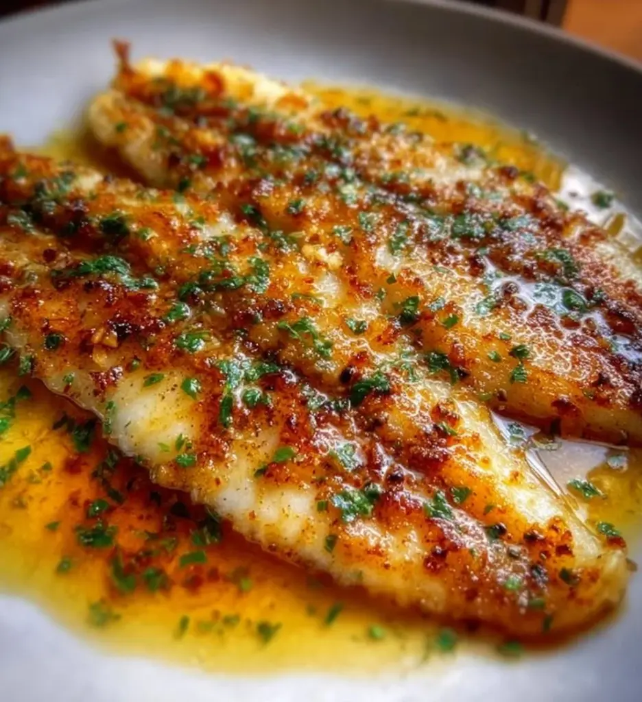 Plate of pan-seared flounder drizzled with brown butter and lemon.