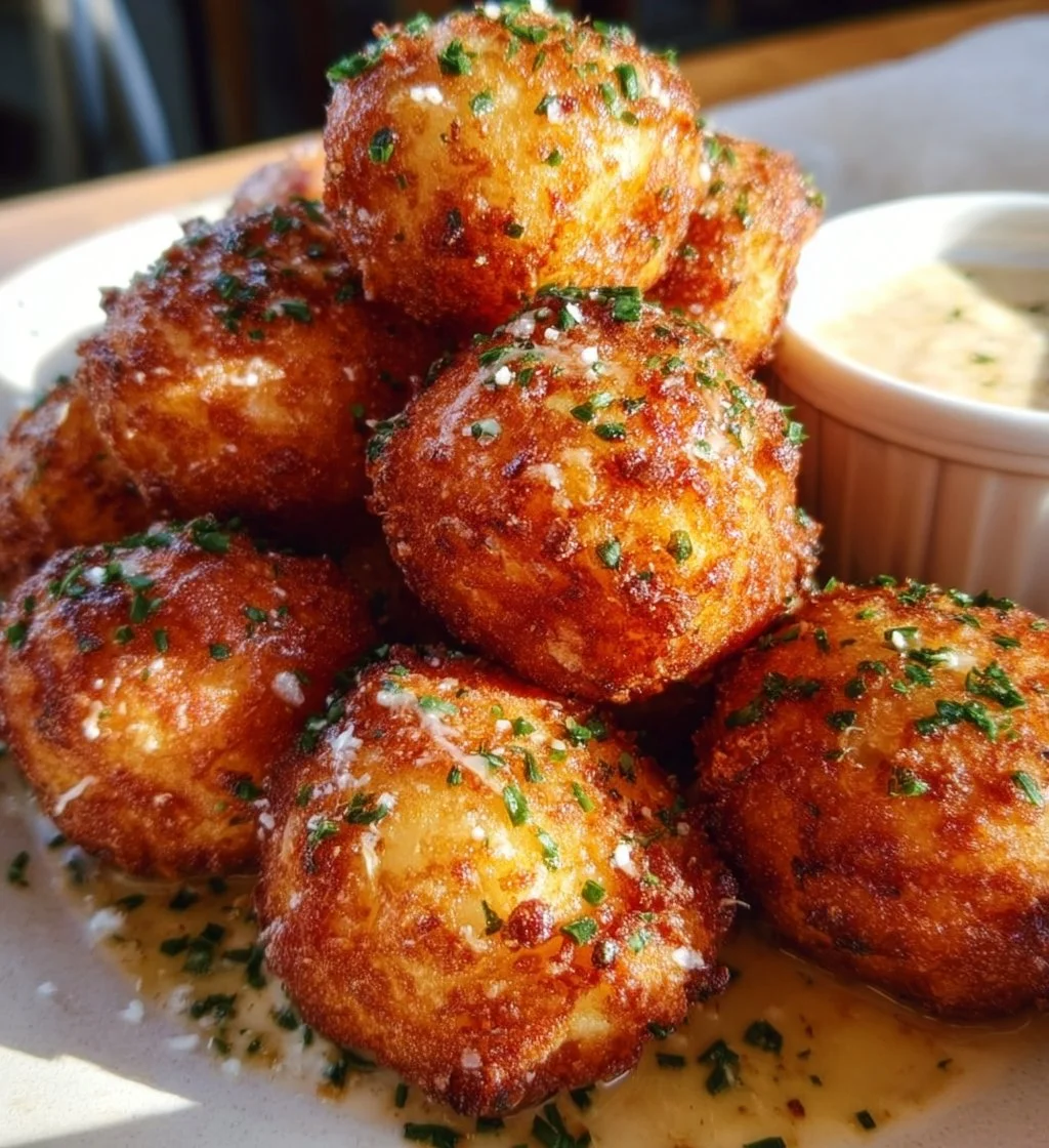 Crispy Parmesan Garlic Potato Balls served on a plate