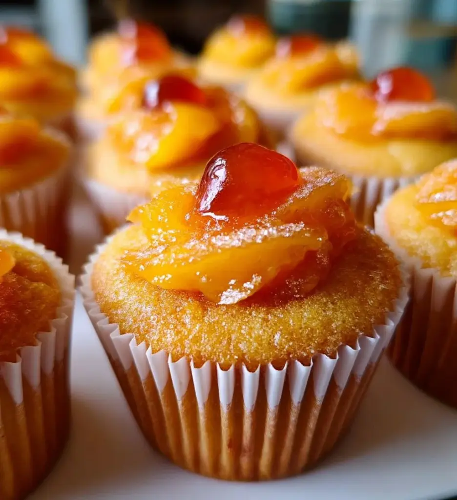 Peach Bellini Cupcakes topped with creamy peach frosting and garnished with fresh peaches