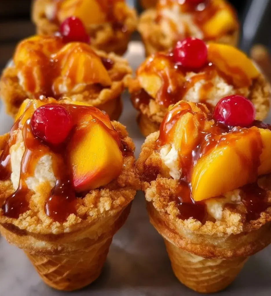 Peach cobbler cheesecake cones served in a cone with fresh peaches and toppings