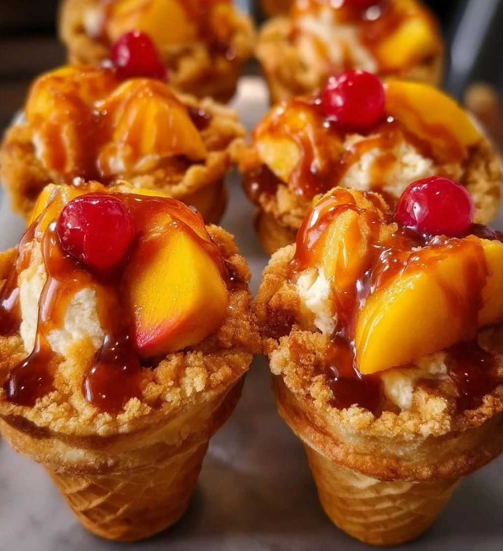 Peach cobbler cheesecake cones served in a cone with fresh peaches and toppings