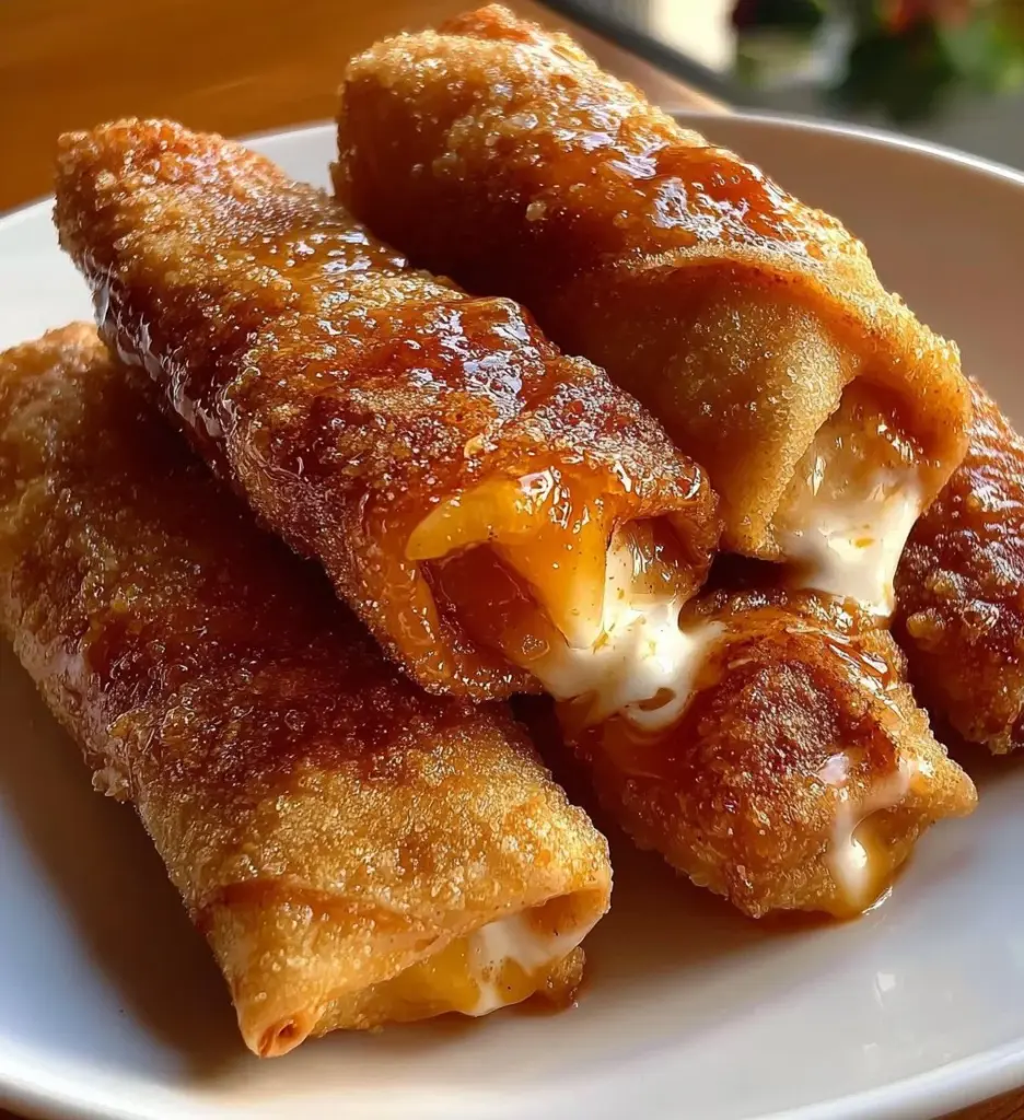Peach Cobbler Egg Rolls served with ice cream and fresh peaches