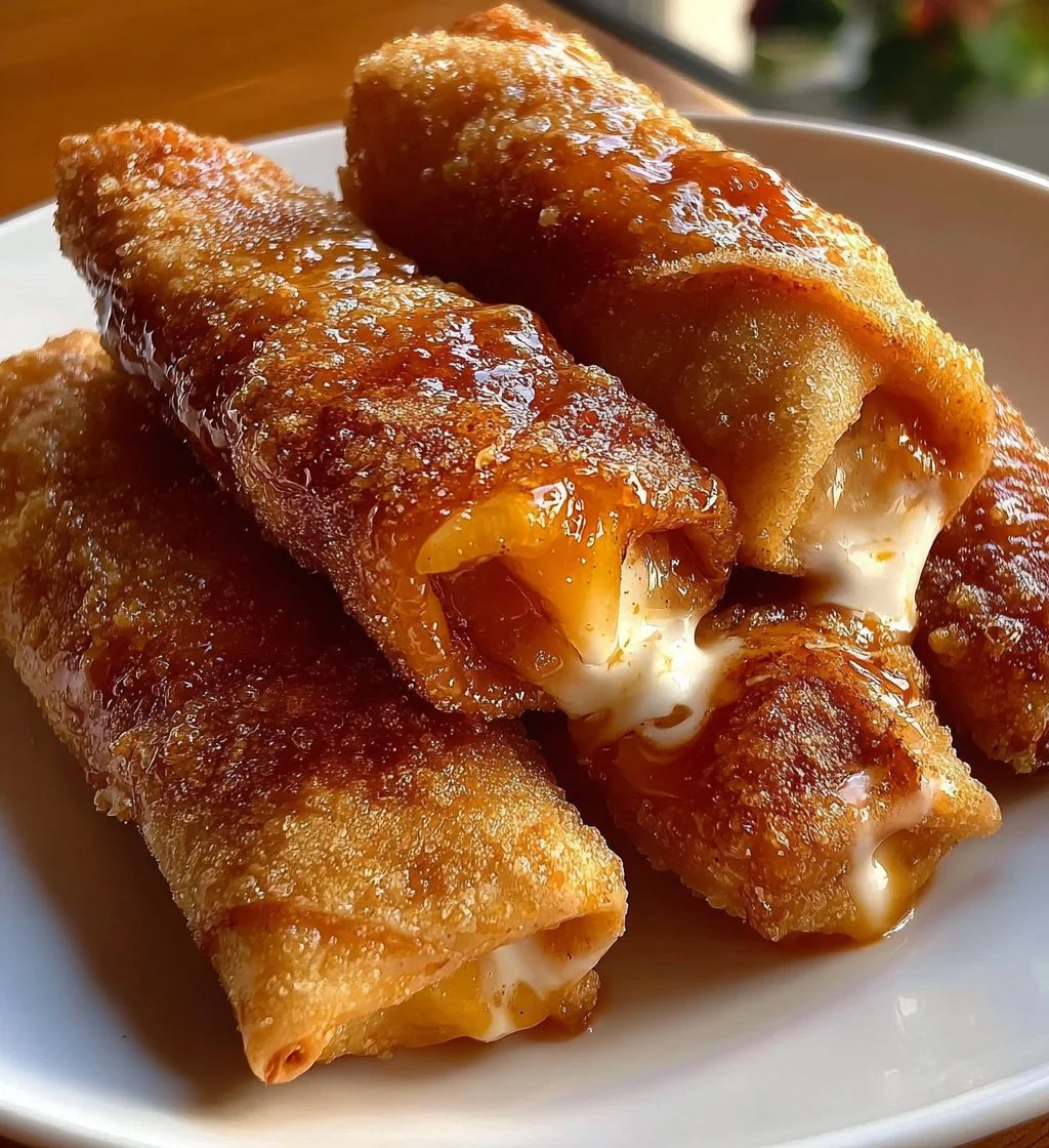 Peach Cobbler Egg Rolls served with ice cream and fresh peaches