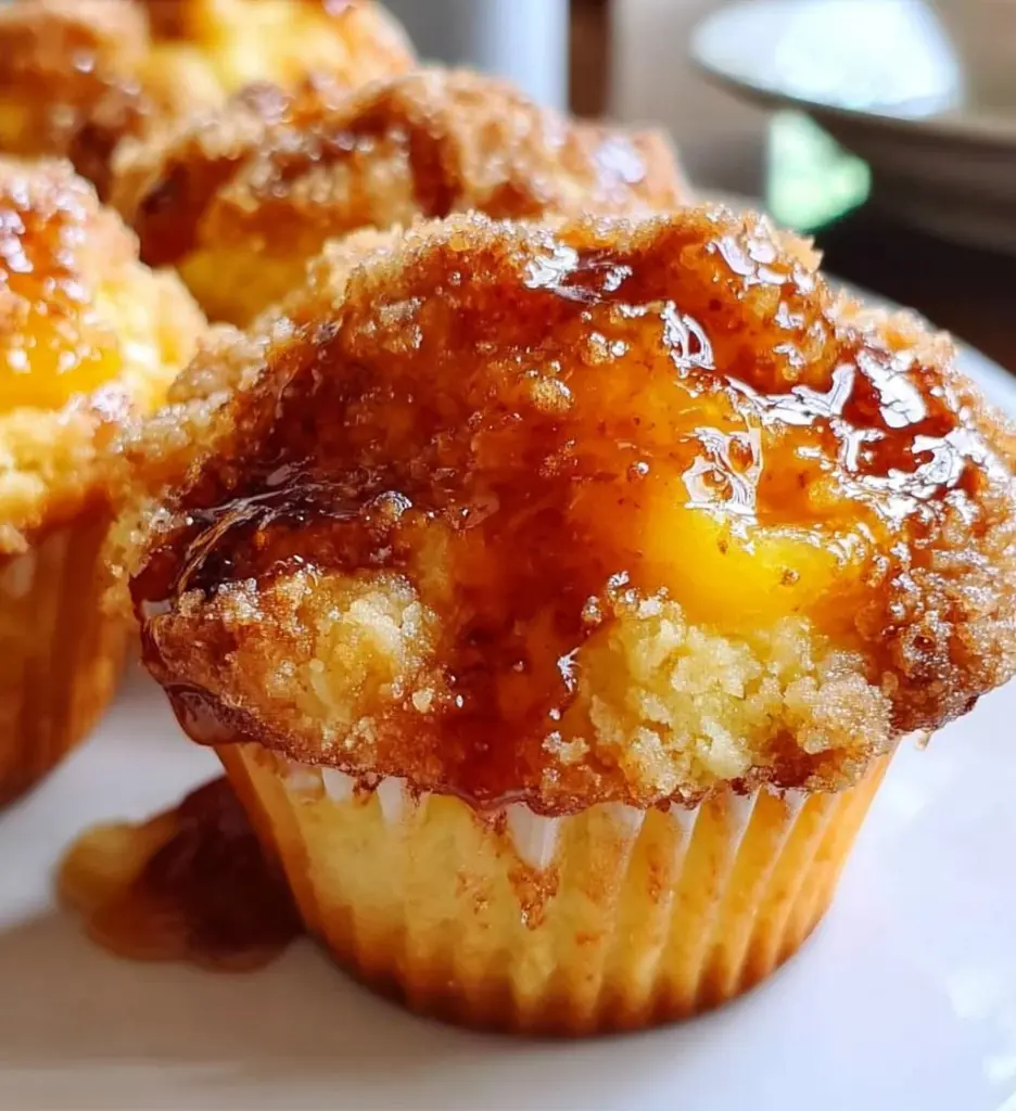 Homemade Peach Cobbler Muffins topped with a golden crust and fresh peaches