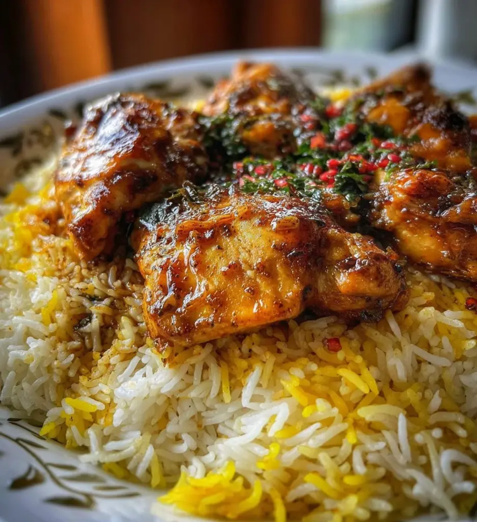 Plate of Persian chicken with saffron rice garnished with herbs and spices