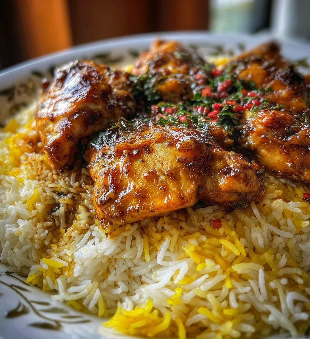 Plate of Persian chicken with saffron rice garnished with herbs and spices