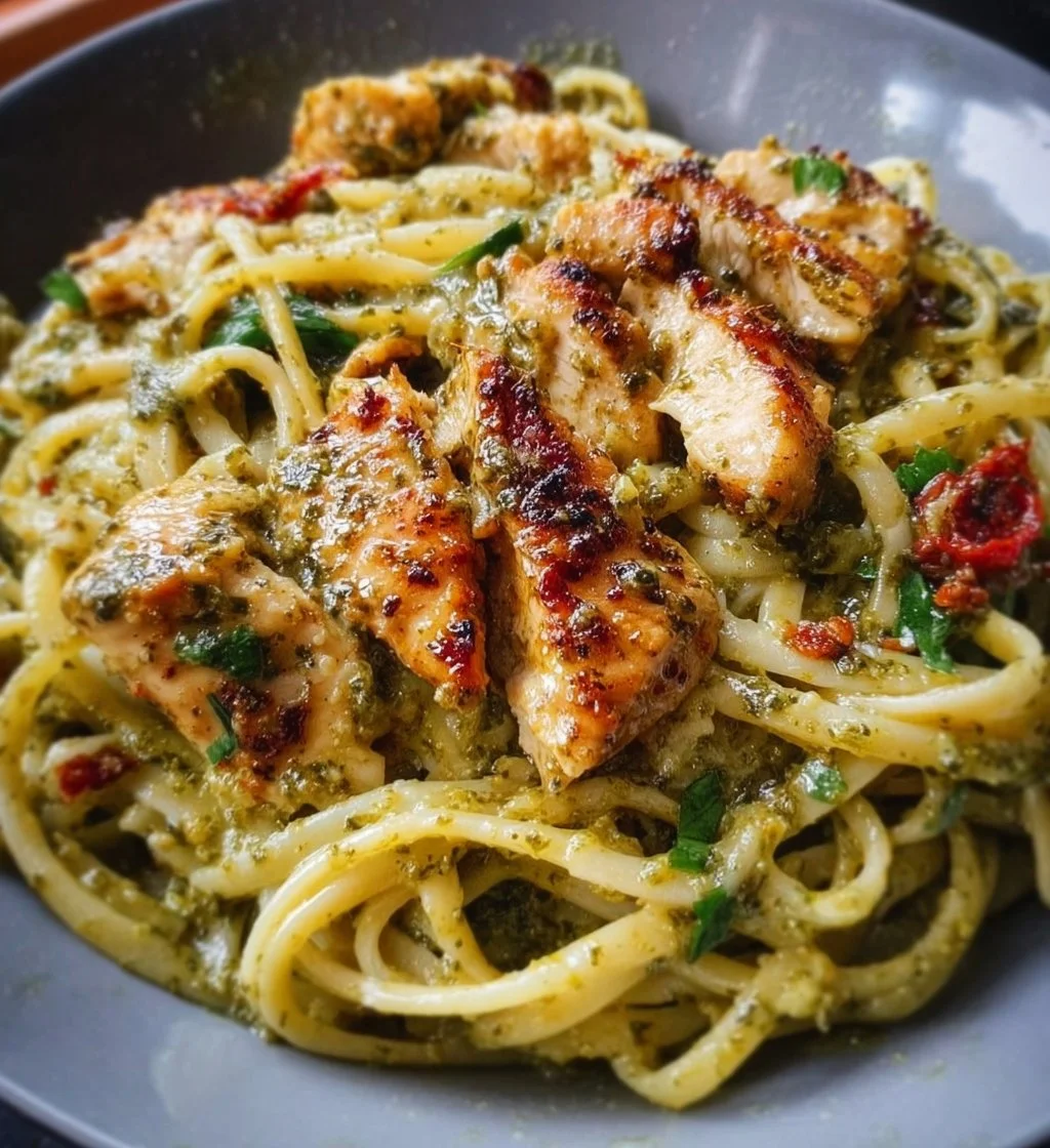 Plate of pesto pasta with chicken garnished with basil and parmesan cheese.