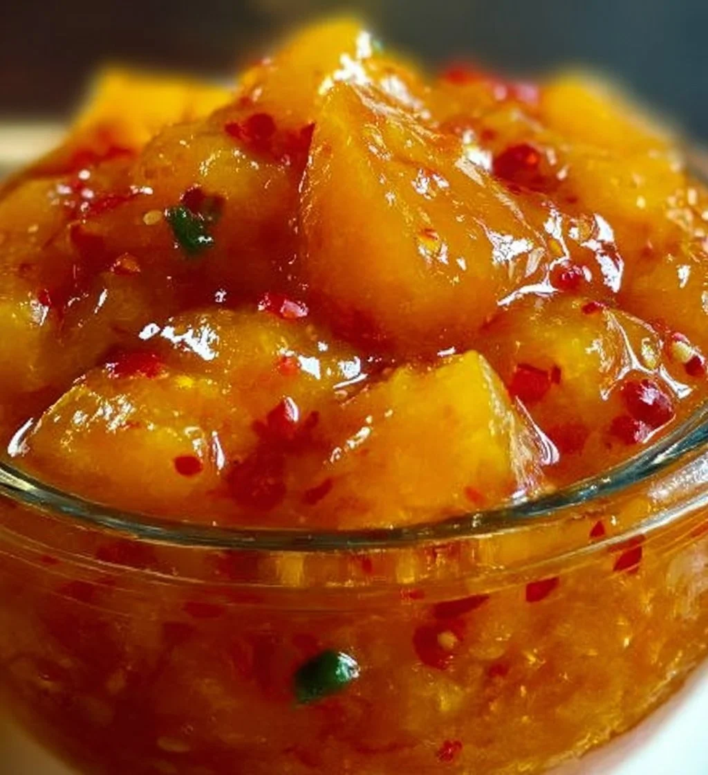 Bottle of Pineapple Habanero Hot Sauce with tropical fruit background