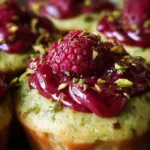 Close-up of Pistachio Raspberry Cupcakes topped with vibrant raspberry frosting.