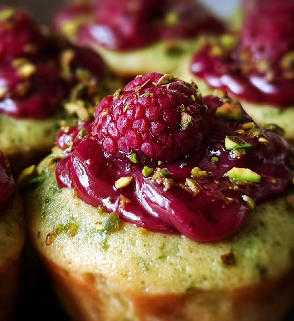 Close-up of Pistachio Raspberry Cupcakes topped with vibrant raspberry frosting.
