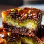 Delicious pistachio cheesecake brownies with creamy topping and chopped pistachios.