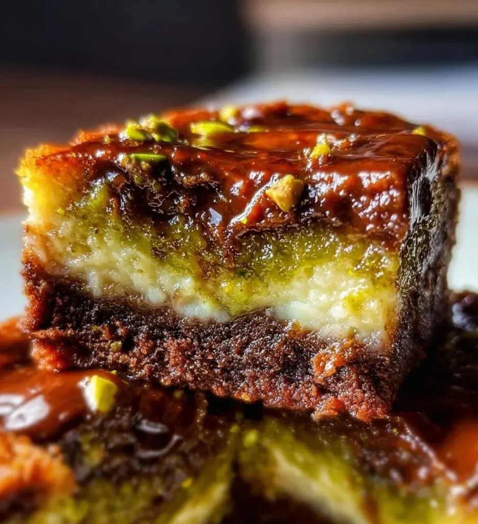 Delicious pistachio cheesecake brownies with creamy topping and chopped pistachios.