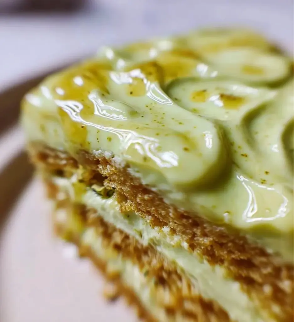 Delicious Pistachio Mascarpone Cake with creamy filling and pistachio garnish