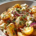 Delicious potato and feta salad served in a bowl with green herbs
