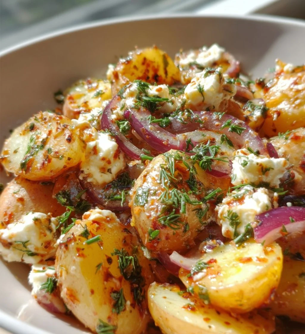 Delicious potato and feta salad served in a bowl with green herbs