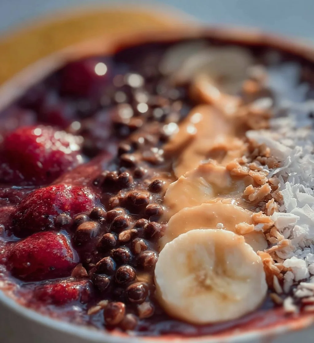 Colorful protein smoothie bowl topped with fruits and seeds