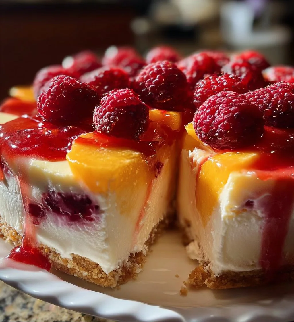 Slice of Raspberry Peach Cheesecake with fresh raspberries and peaches on top