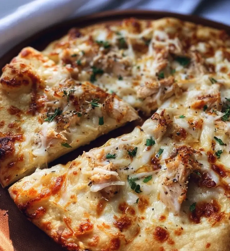 Roasted garlic white chicken pizza with fresh ingredients and cheese