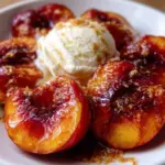 Delicious roasted peaches served with vanilla ice cream in a dessert bowl