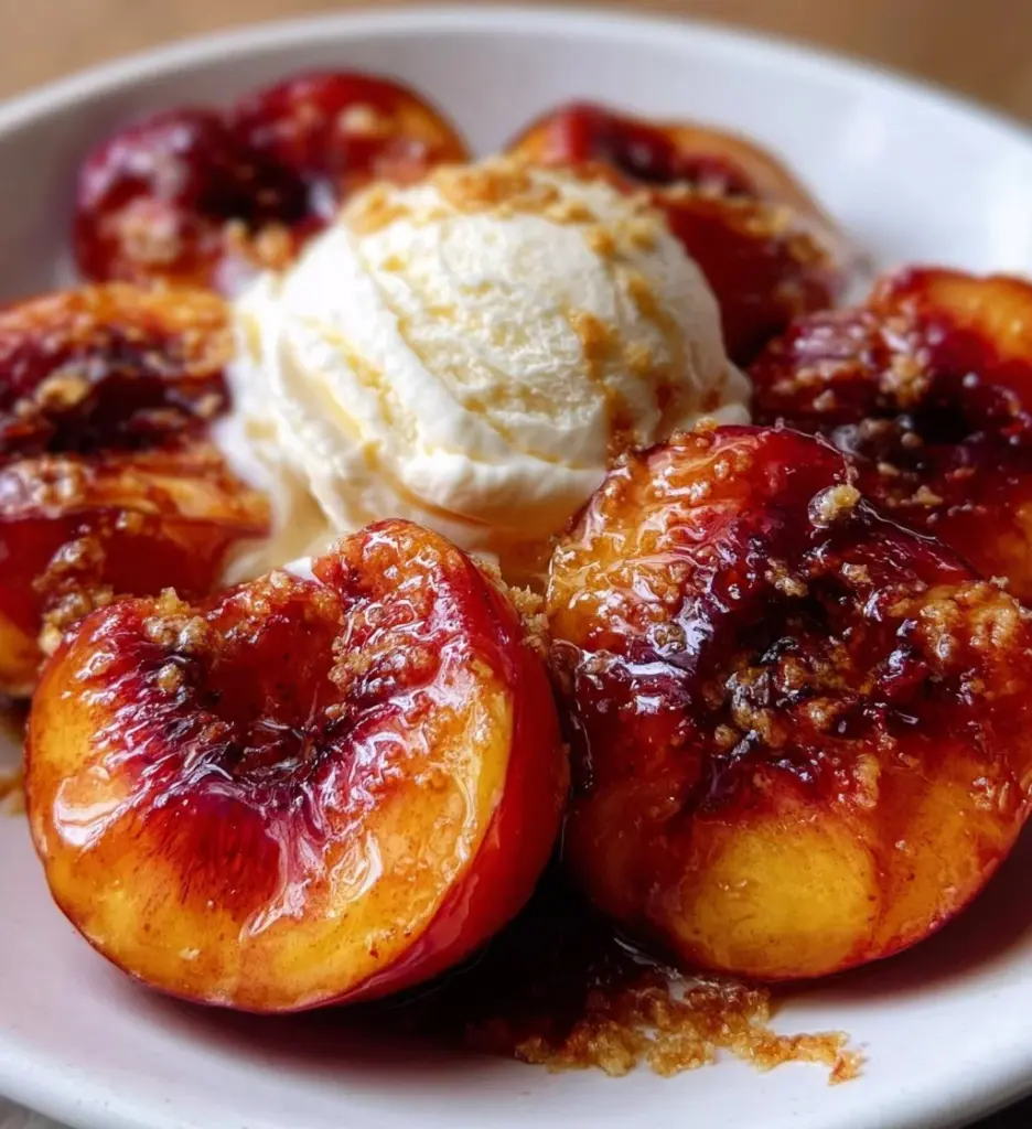 Delicious roasted peaches served with vanilla ice cream in a dessert bowl