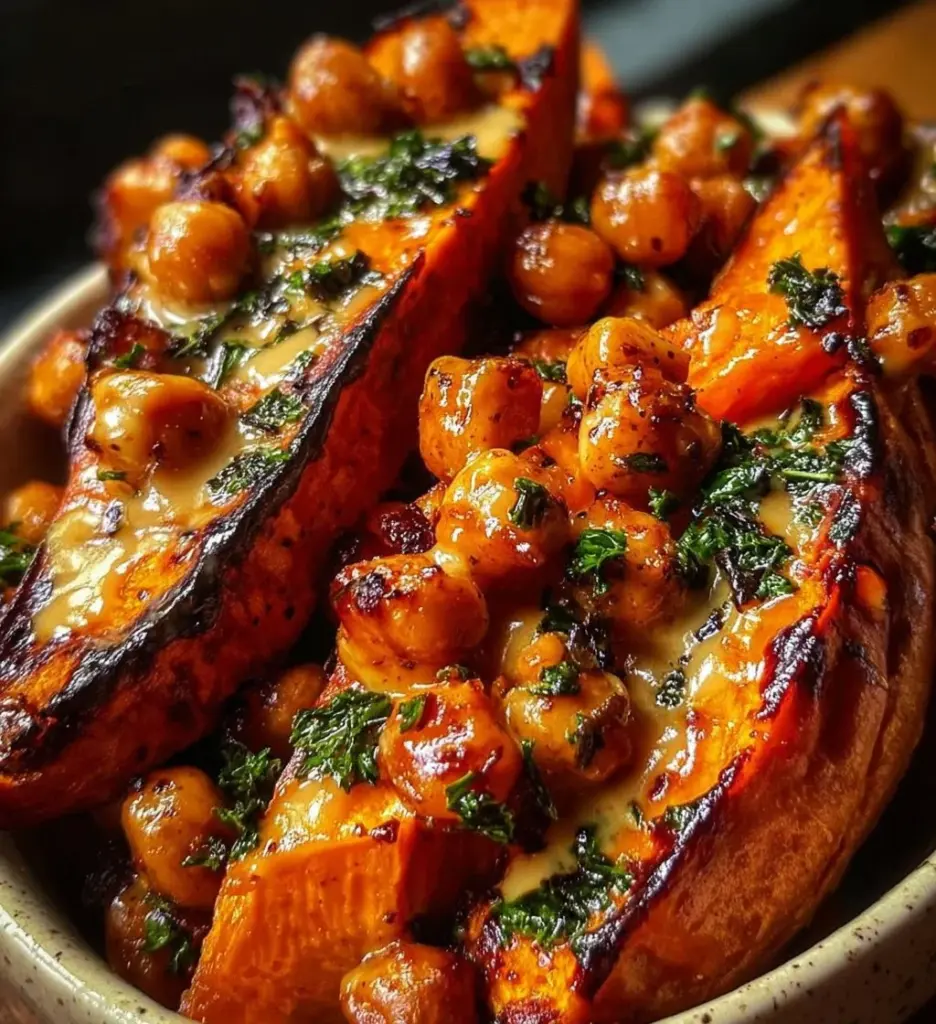 Roasted sweet potatoes topped with tahini butter chickpeas on a plate
