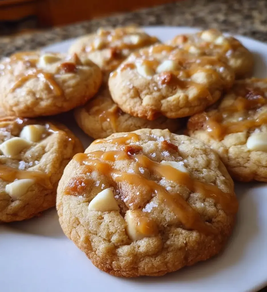 Delicious salted caramel white chocolate cookies on a plate