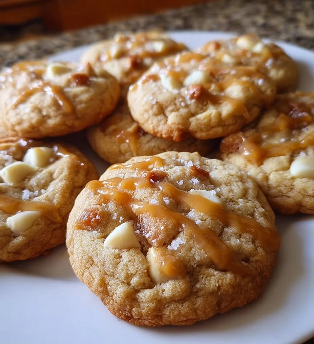 Delicious salted caramel white chocolate cookies on a plate