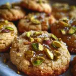 Salted honey pistachio cookies arranged on a plate, showcasing their delicious texture.