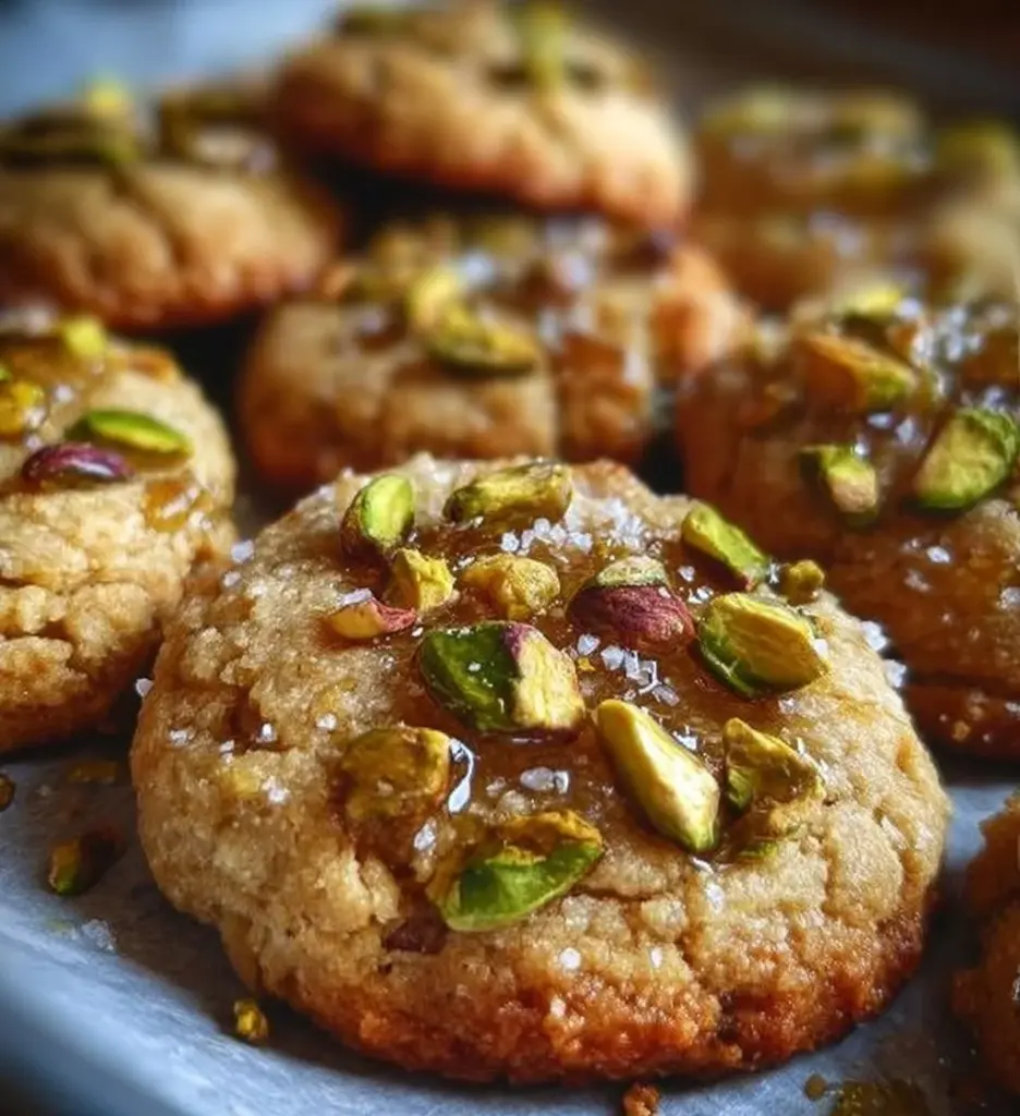 Salted honey pistachio cookies arranged on a plate, showcasing their delicious texture.