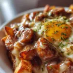 Sausage and gravy breakfast poutine topped with cheese and herbs.