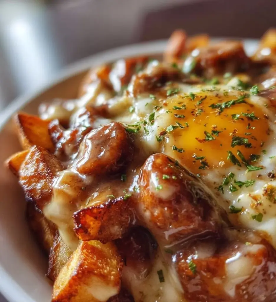 Sausage and gravy breakfast poutine topped with cheese and herbs.