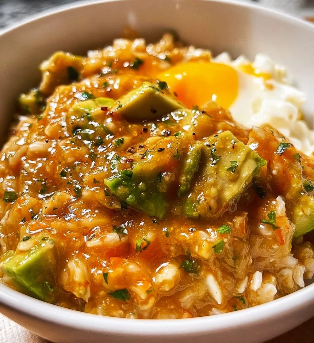 Savory avocado oatmeal topped with fresh herbs and spices for a healthy breakfast.
