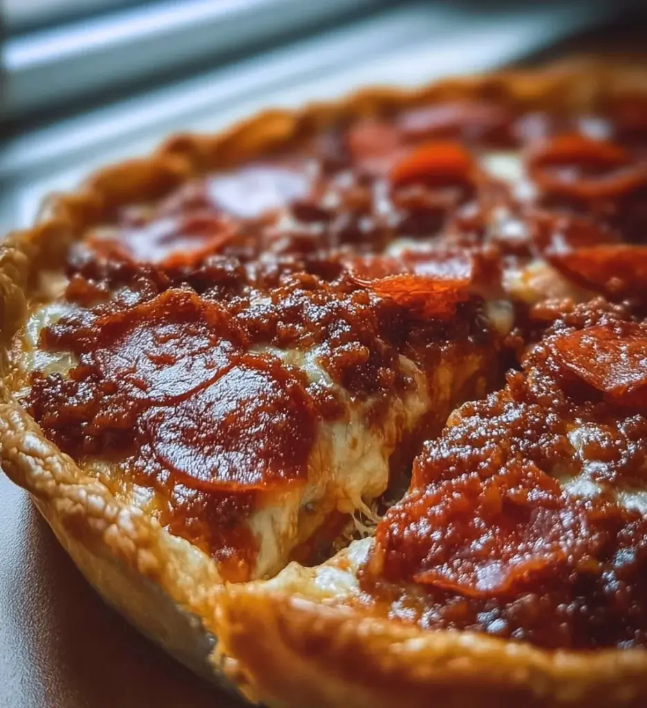 Savory hamburger pie with sausage and pepperoni, baked till golden brown