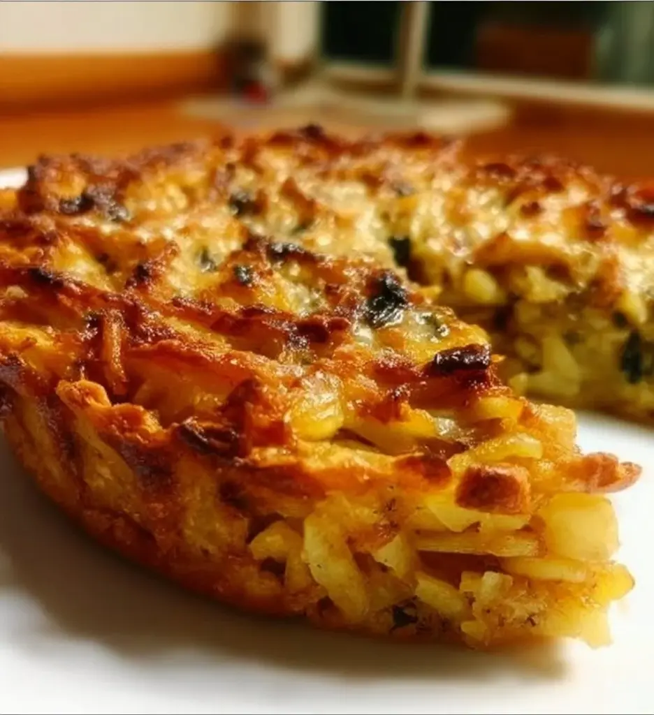 Delicious homemade savory potato pie served on a elegant plate.