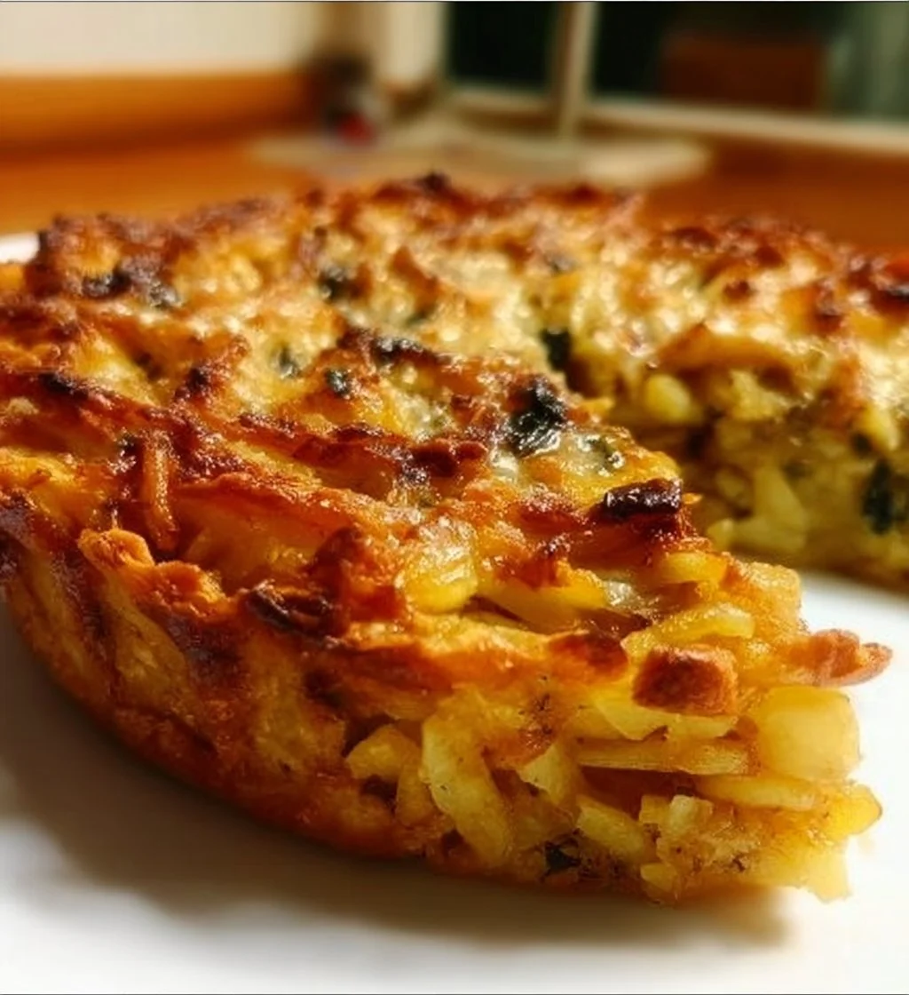 Delicious homemade savory potato pie served on a elegant plate.