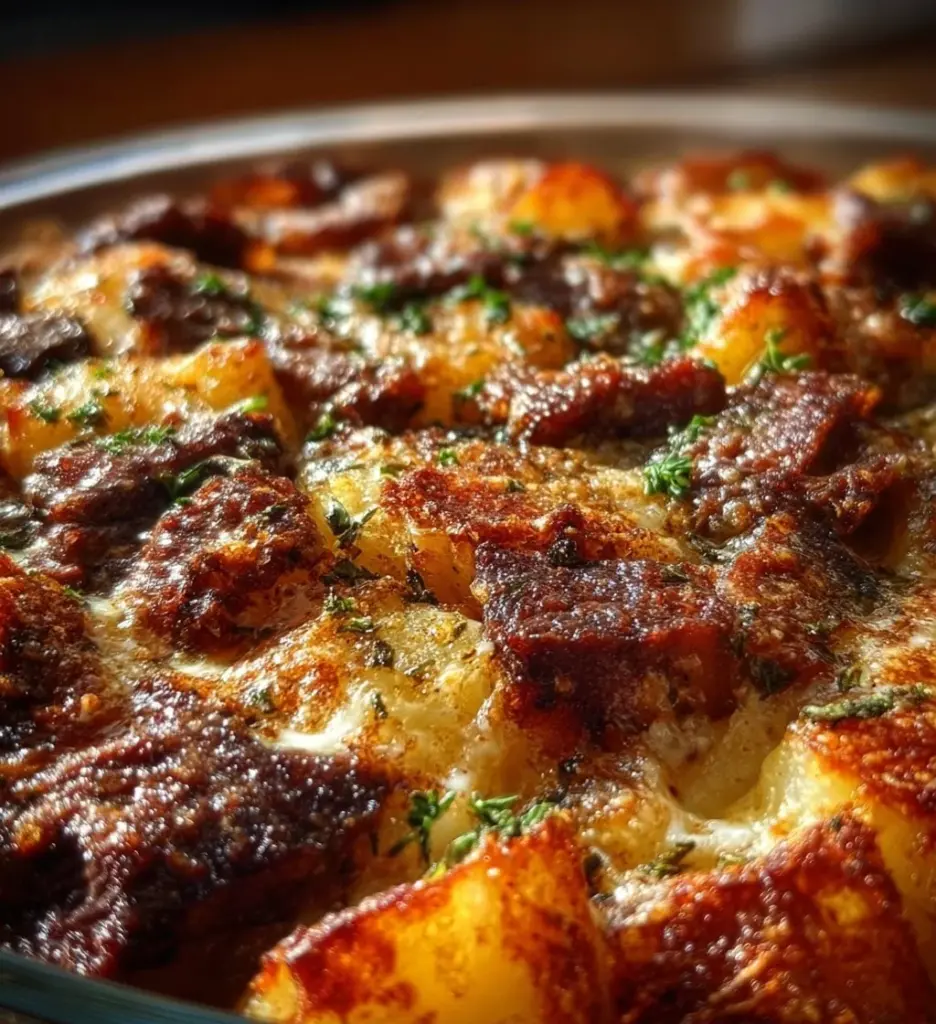 Savory steak and potato casserole topped with cheese and herbs