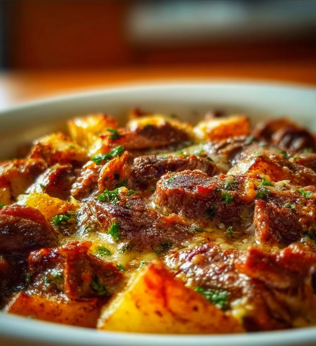 Delicious steak and potato casserole served in a baking dish